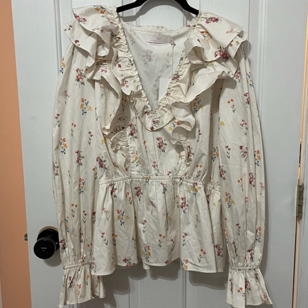 Rachel Parcell Cream Floral Ruffle Blouse